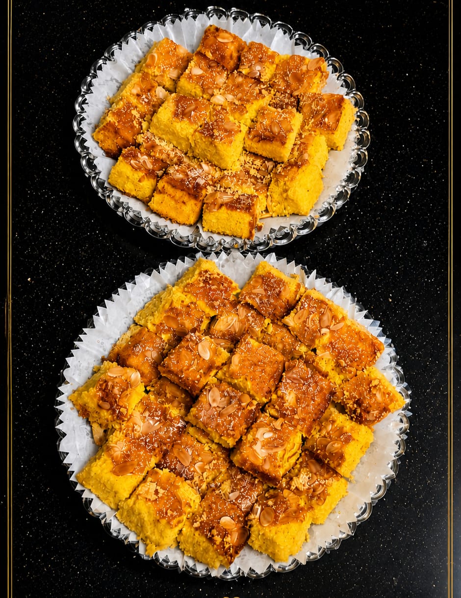 Saffron dessert squares topped with almond slivers on silver platters
