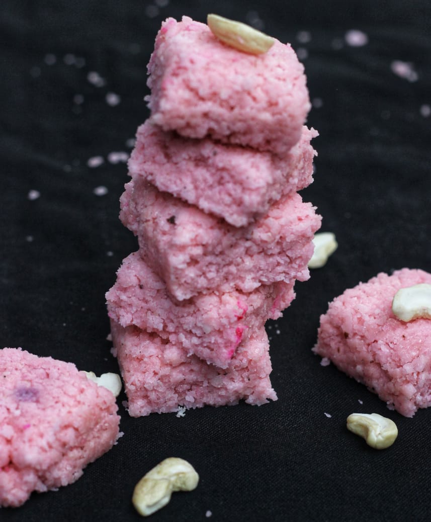 Stacked pink rose coconut barfi with cashews