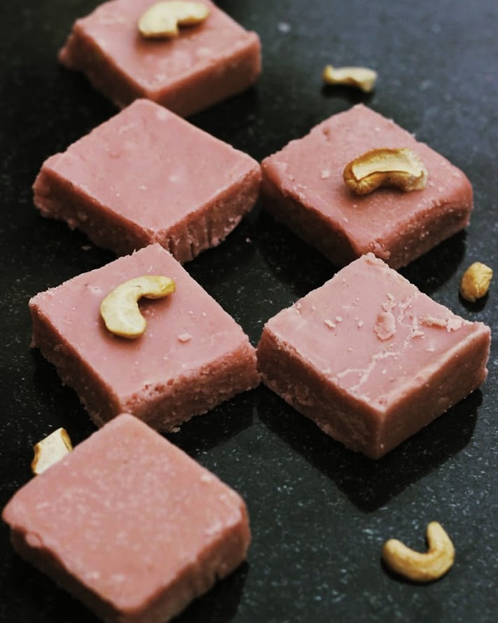 Pink cashew burfi squares