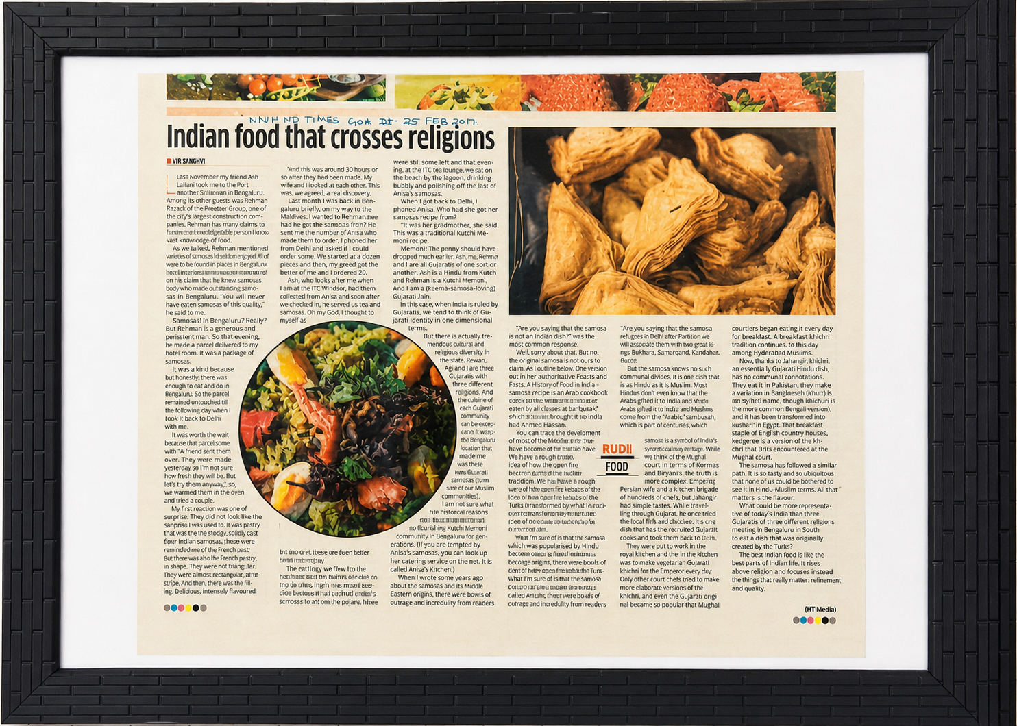 Framed newspaper article 'Indian food that crosses religions' by Vir Sanghvi, Hindustan Times Goa, 25 February 2017