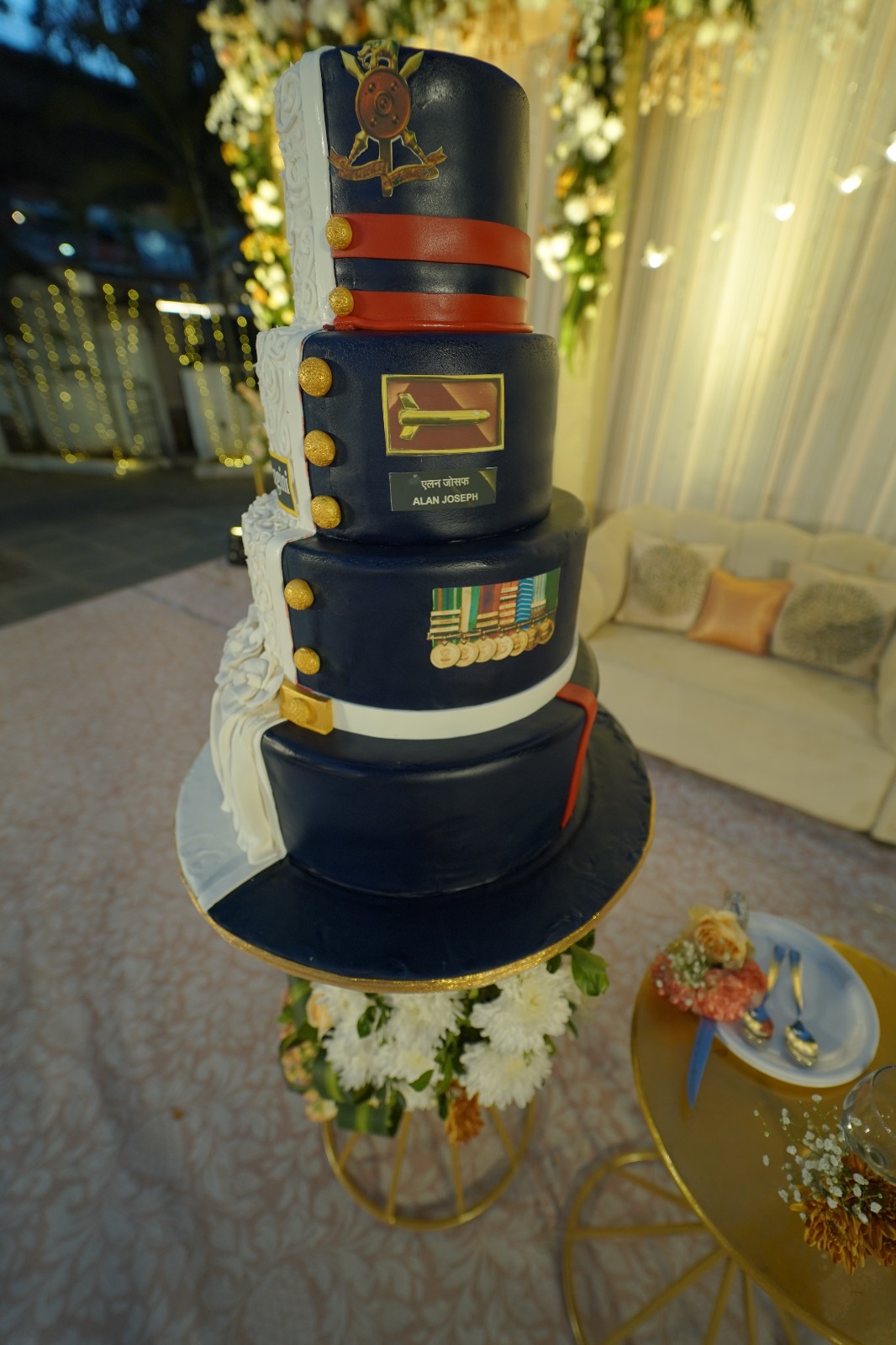 Four-tier military themed celebration cake