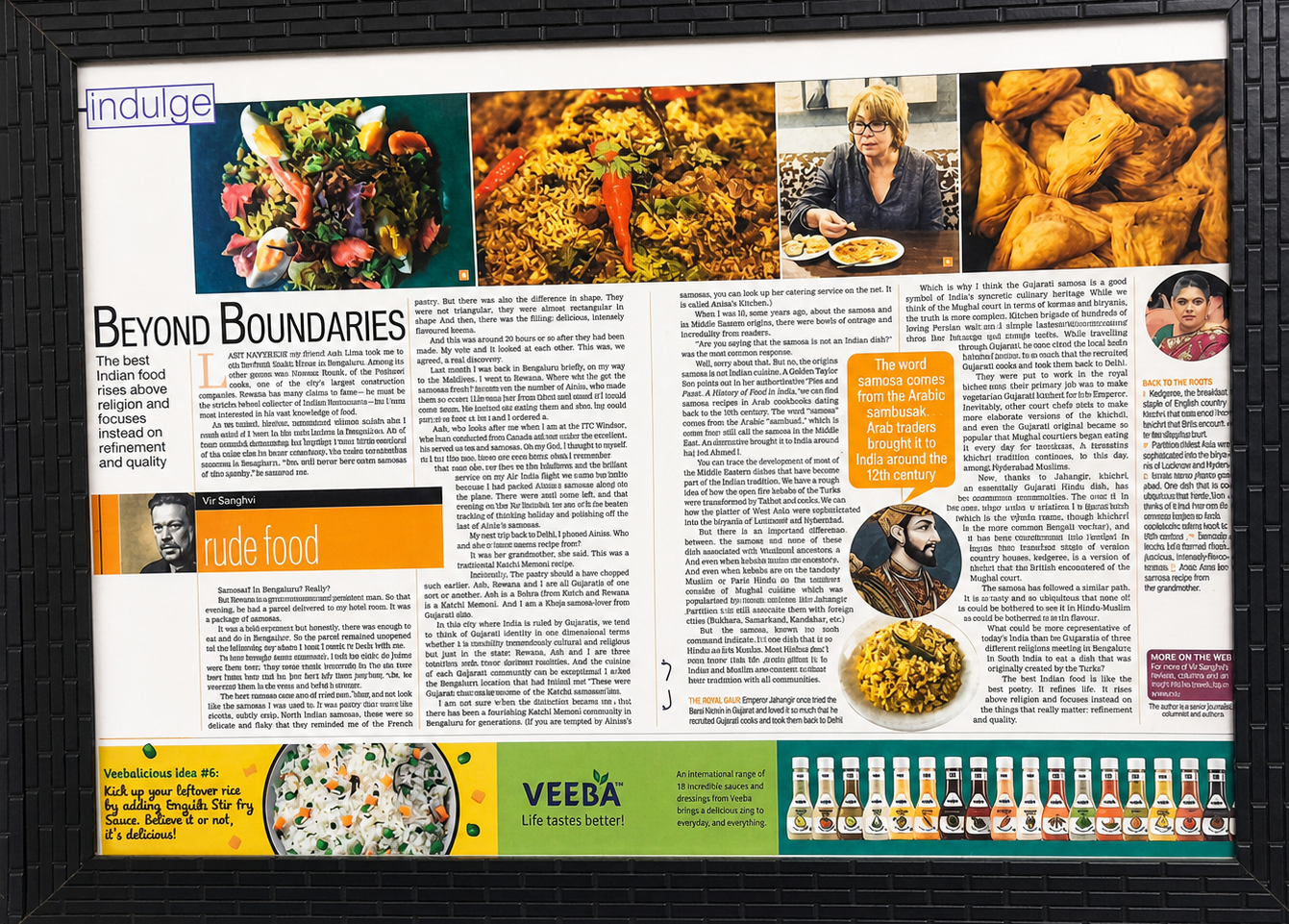 Framed magazine spread 'Beyond Boundaries' from Indulge featuring Anisa's Kitchen samosas