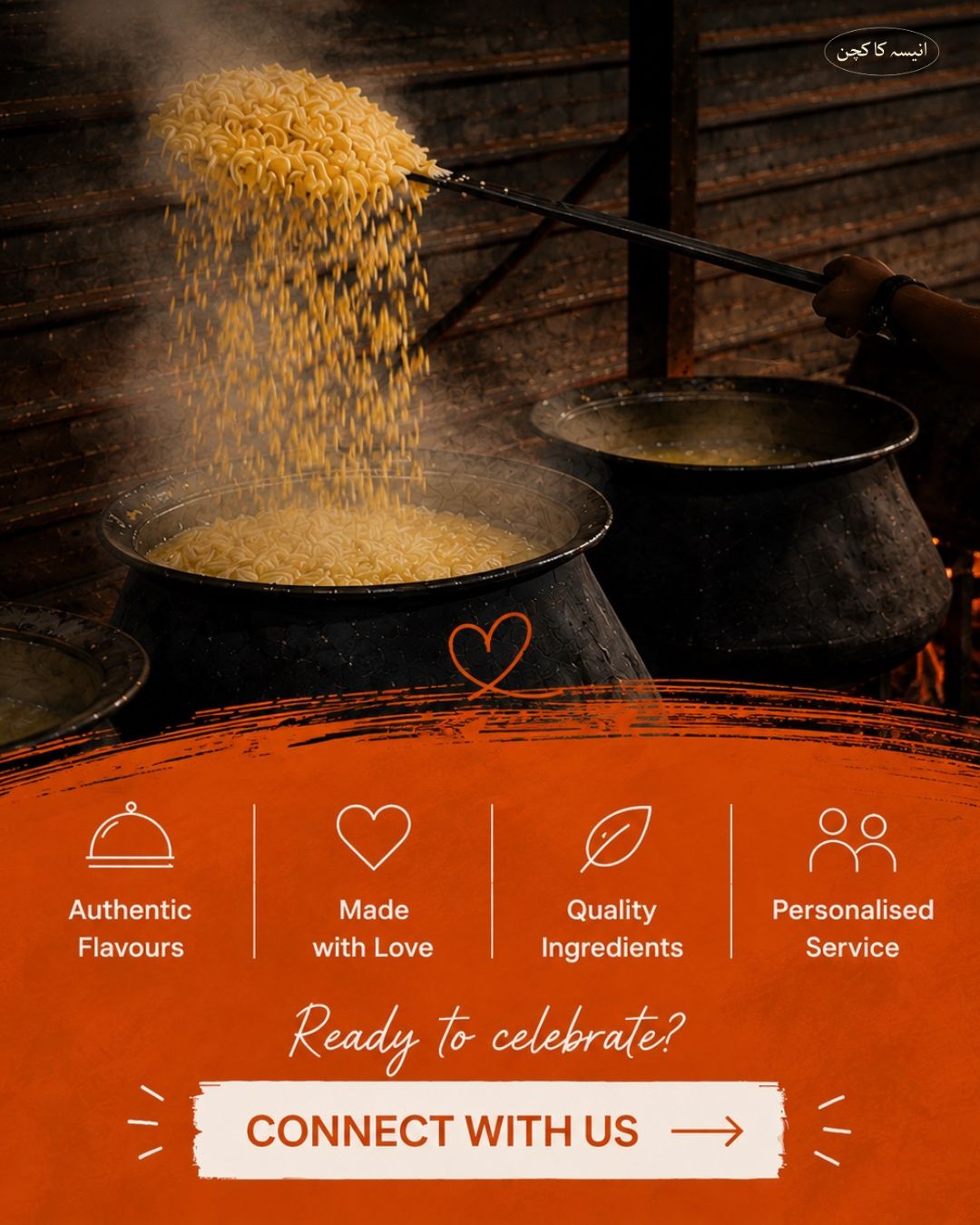 Sevaiyaan being poured into giant cauldrons at an Anisa's Kitchen catering setup